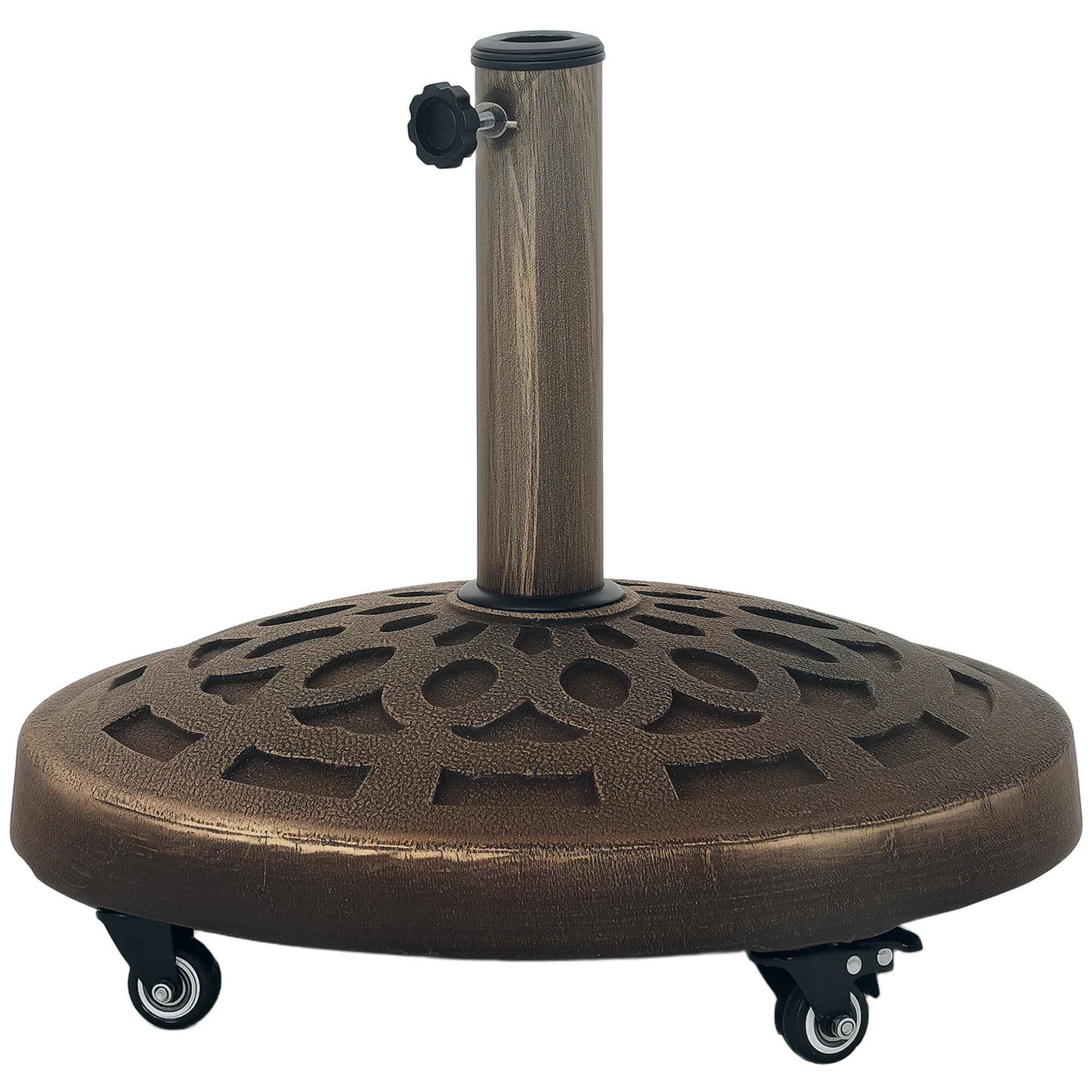 Outsunny Round Patio Umbrella Base with Wheels, 46lbs Resin Umbrella Stand Base, Heavy Duty Patio Umbrella Holder for 1.3"/1.5"/1.9" Poles for Outdoor, Lawn, Poolside, Bronze