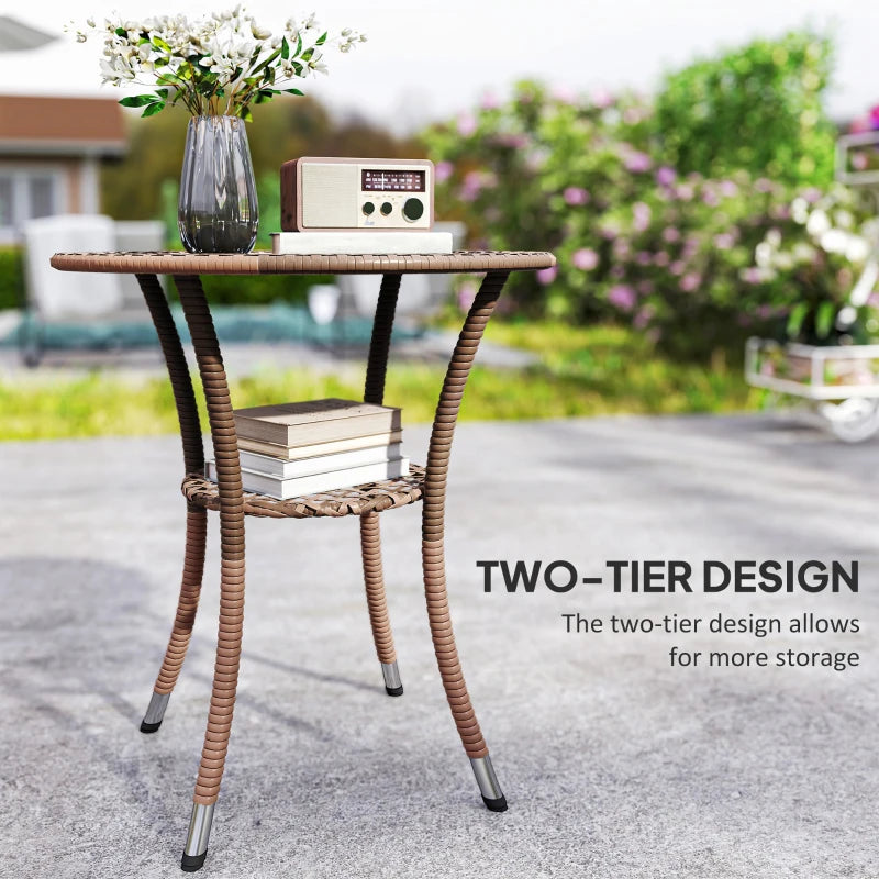 Outdoor Rattan Dining Table, Patio Wicker Round Coffee Table with 2-Tier Storage Shelf, Brown