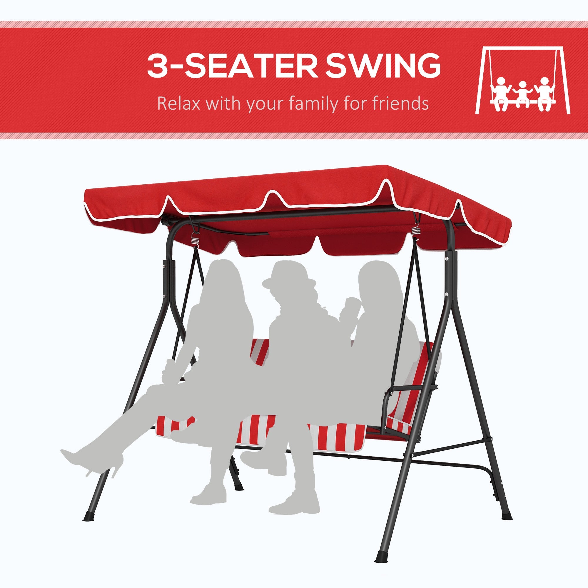 Outsunny 3-Seater Outdoor Porch Swing with Adjustable Canopy, Patio Swing Chair for Garden, Poolside, Backyard, Red
