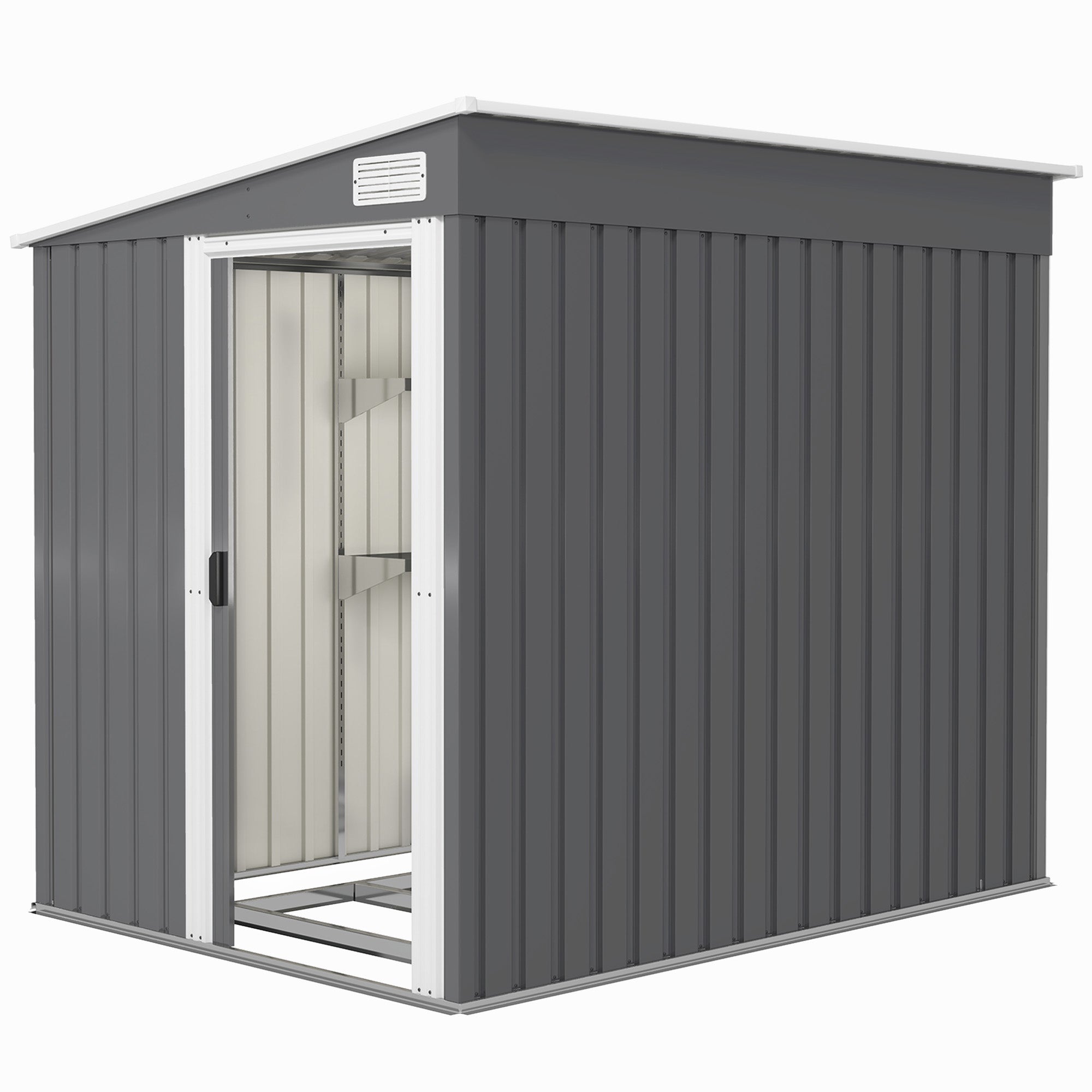 Outsunny 5'x7' Lean to Galvanized Metal Shed with Foundation, Garden Tool Storage House with Sliding Door and 2 Vents, Dark Grey