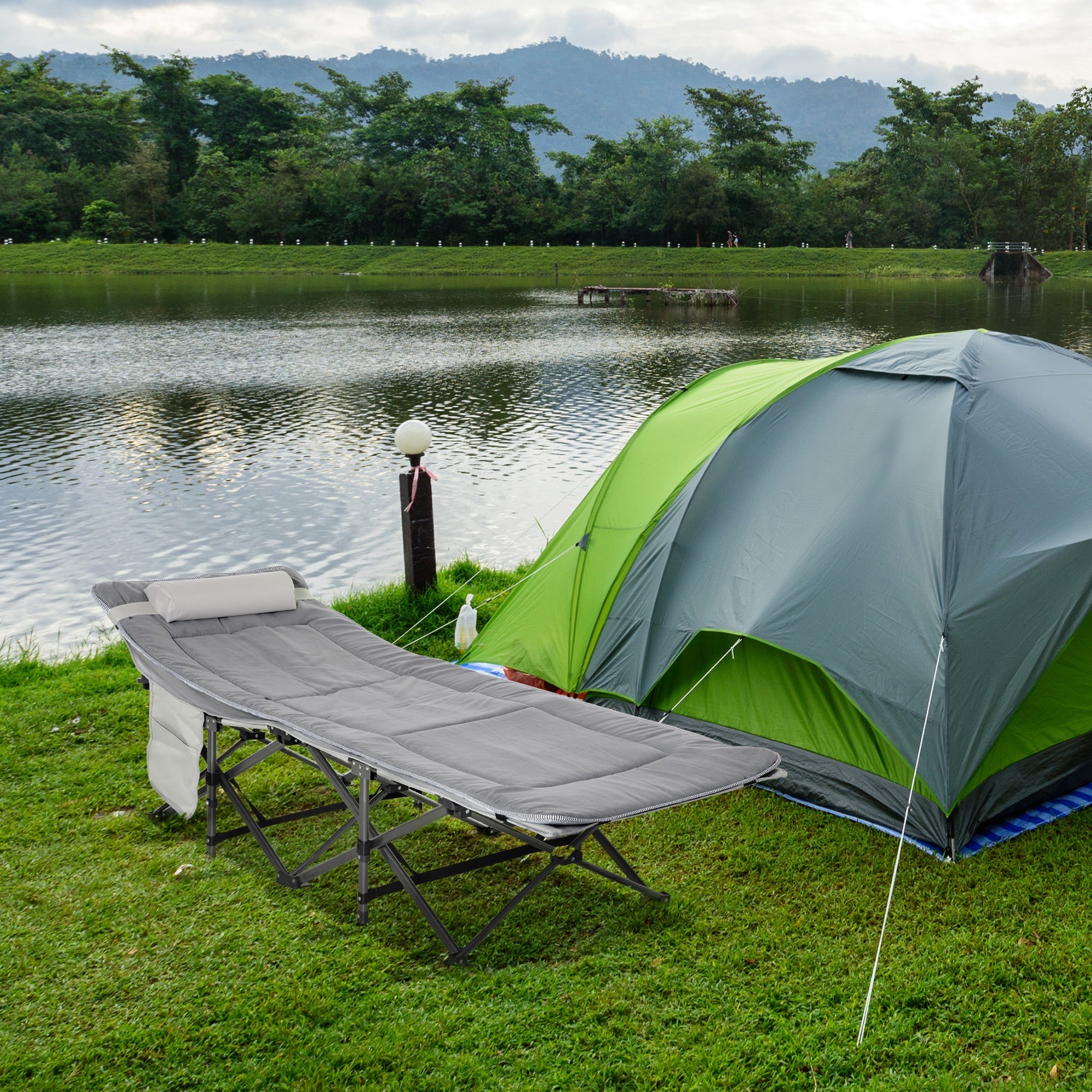 Outsunny Folding Camping Cot for Adults with Mattress Pillow Double Layer Oxford Heavy Duty Sleeping Cot Carry Bag Grey