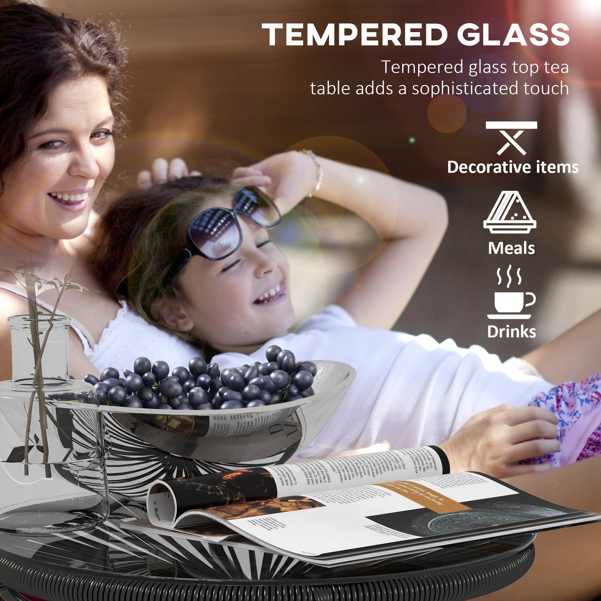 Outsunny Rattan Side Table, Round Outdoor Table, with Round PE Rattan and Tempered Glass Table Top for Patio, Garden, Black