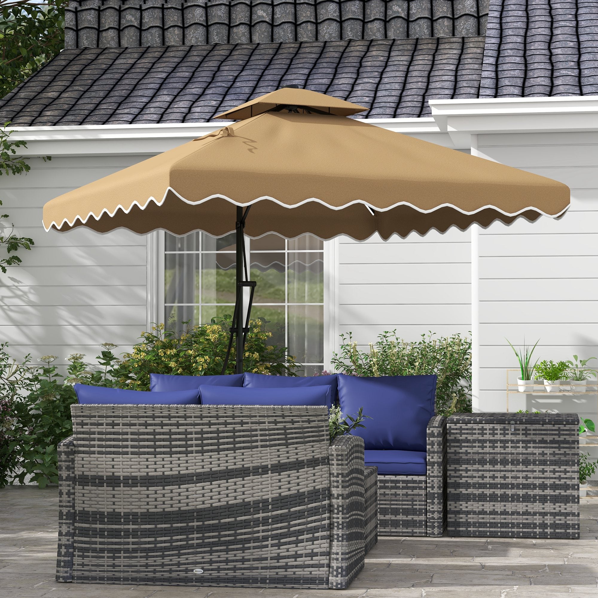 Outsunny 8x8ft Square Double Top Offset Umbrella: Solar LED Lights, Ruffles & Weights for Patio Use, Khaki