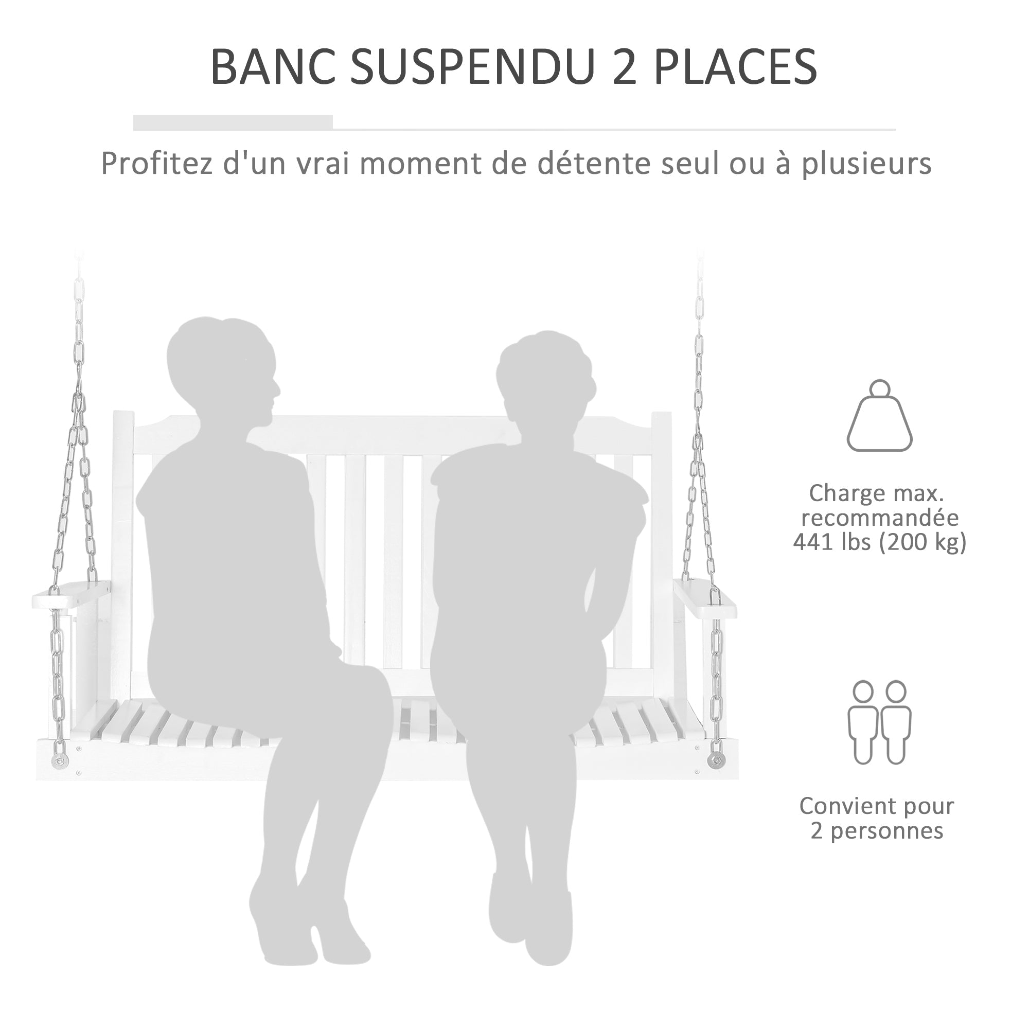 Outsunny White 2-Person Porch Swing Bench: Adjustable Hanging Chains Patio Chair for Deck, Garden, Backyard Relaxation