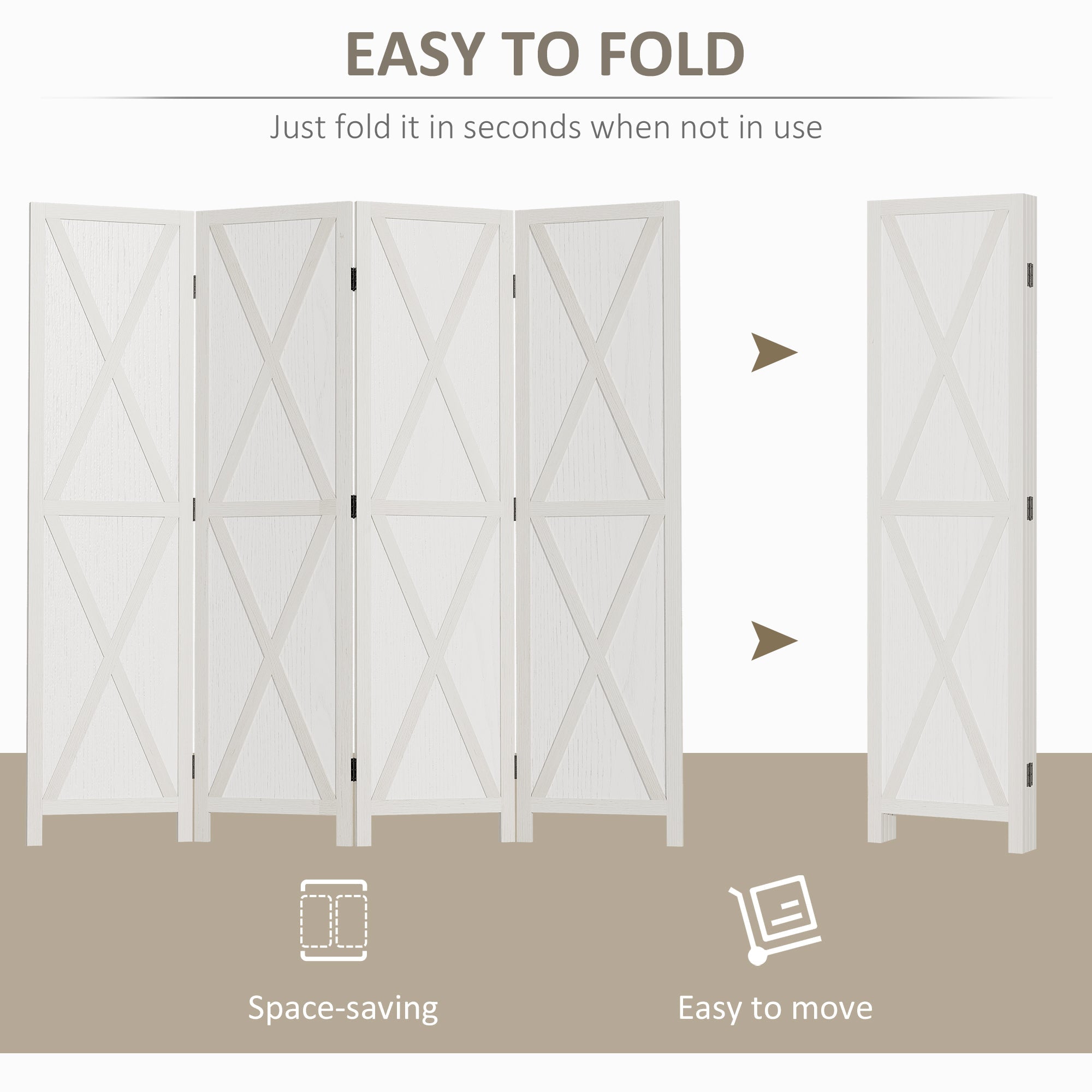 HOMCOM 4-Panel Wall Partition Farmhouse Room Divider: Foldable Design Wooden Frame 5.6FT, White