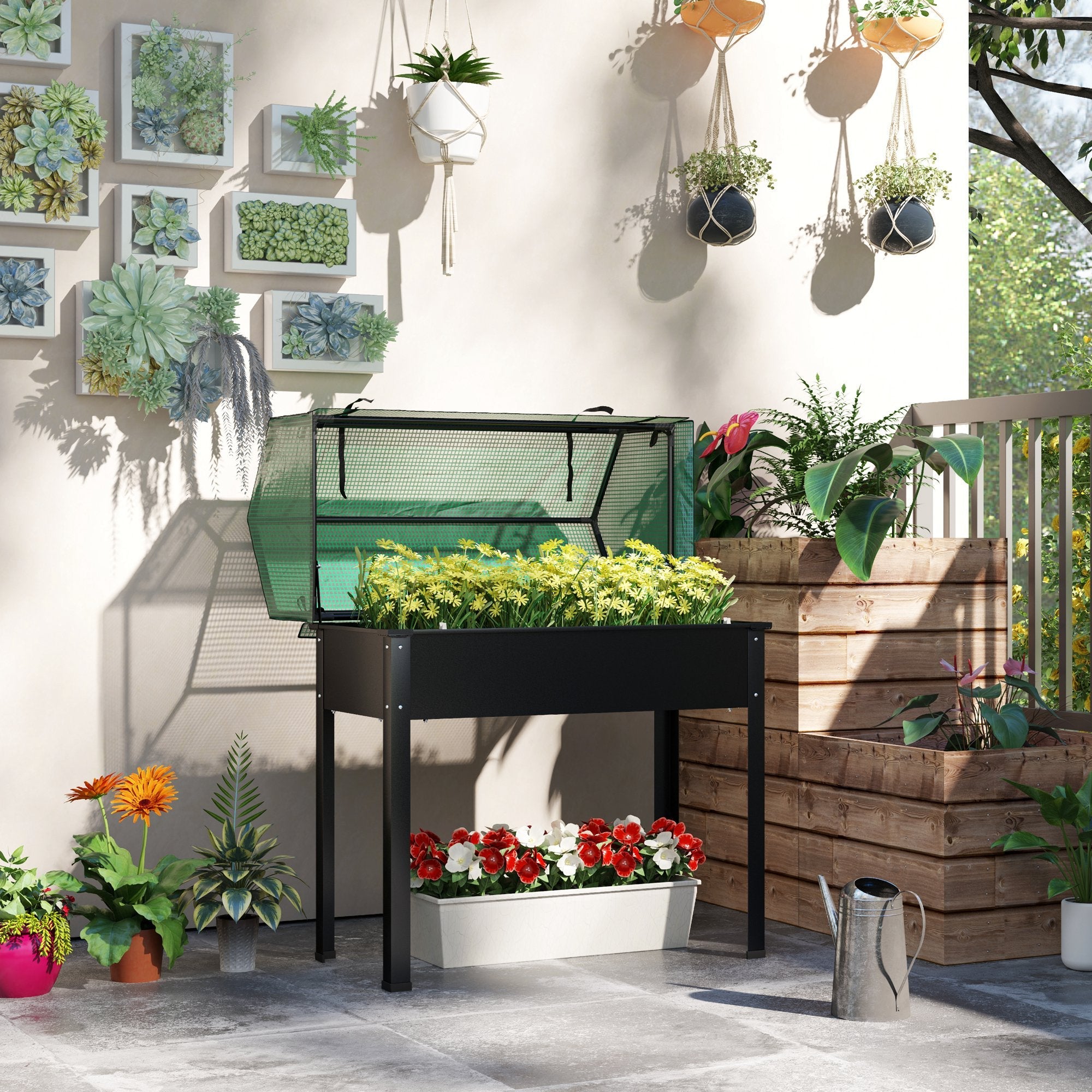 Outsunny Raised Garden Bed Planter with PE Greenhouse Cover, Elevated Garden Bed Box with Drainage Hole for Flowers, Black