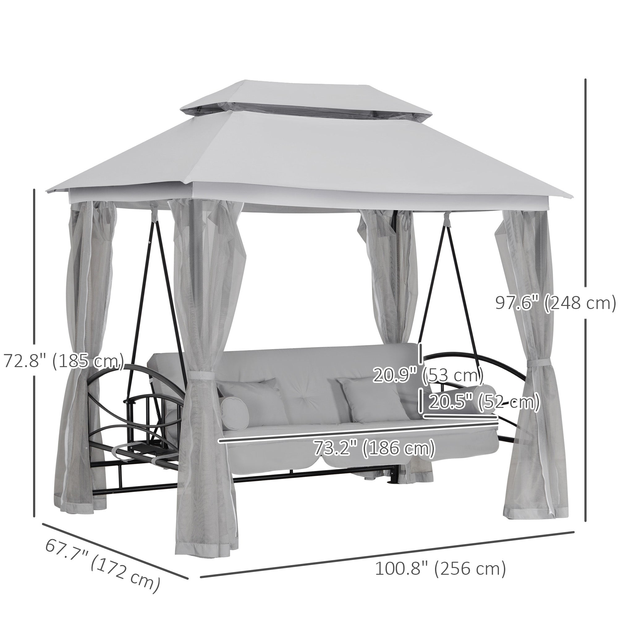 Outsunny 3 Person Outdoor Patio Daybed, 3 in 1 Canopy Gazebo Swing Chair Garden Hammock with Mesh Mosquito and Sun Shade, Grey