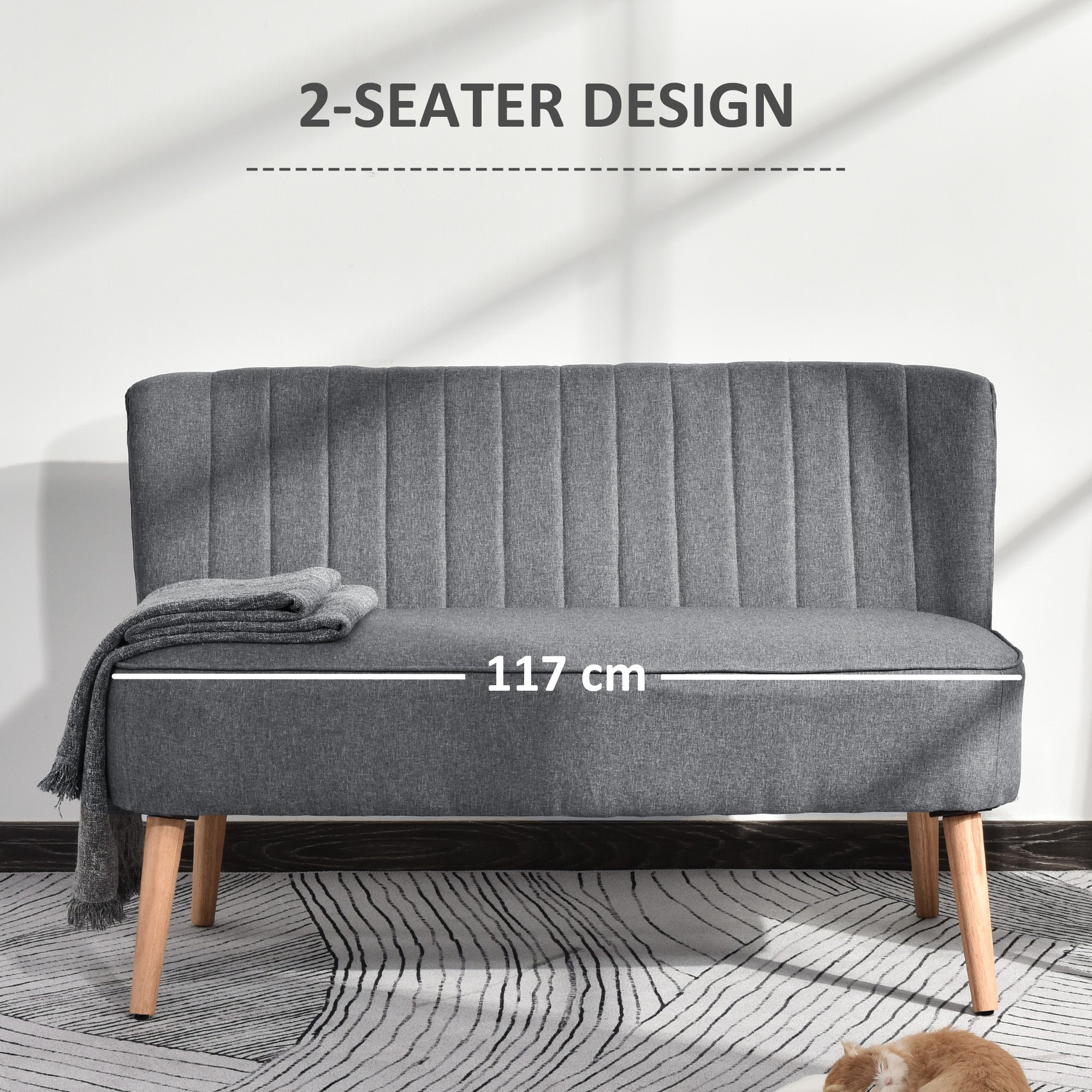 HOMCOM Sofa 2 Seat Modern Upholstered Two Seater Couch Rubber Wood Legs Light Grey Bedroom Furniture