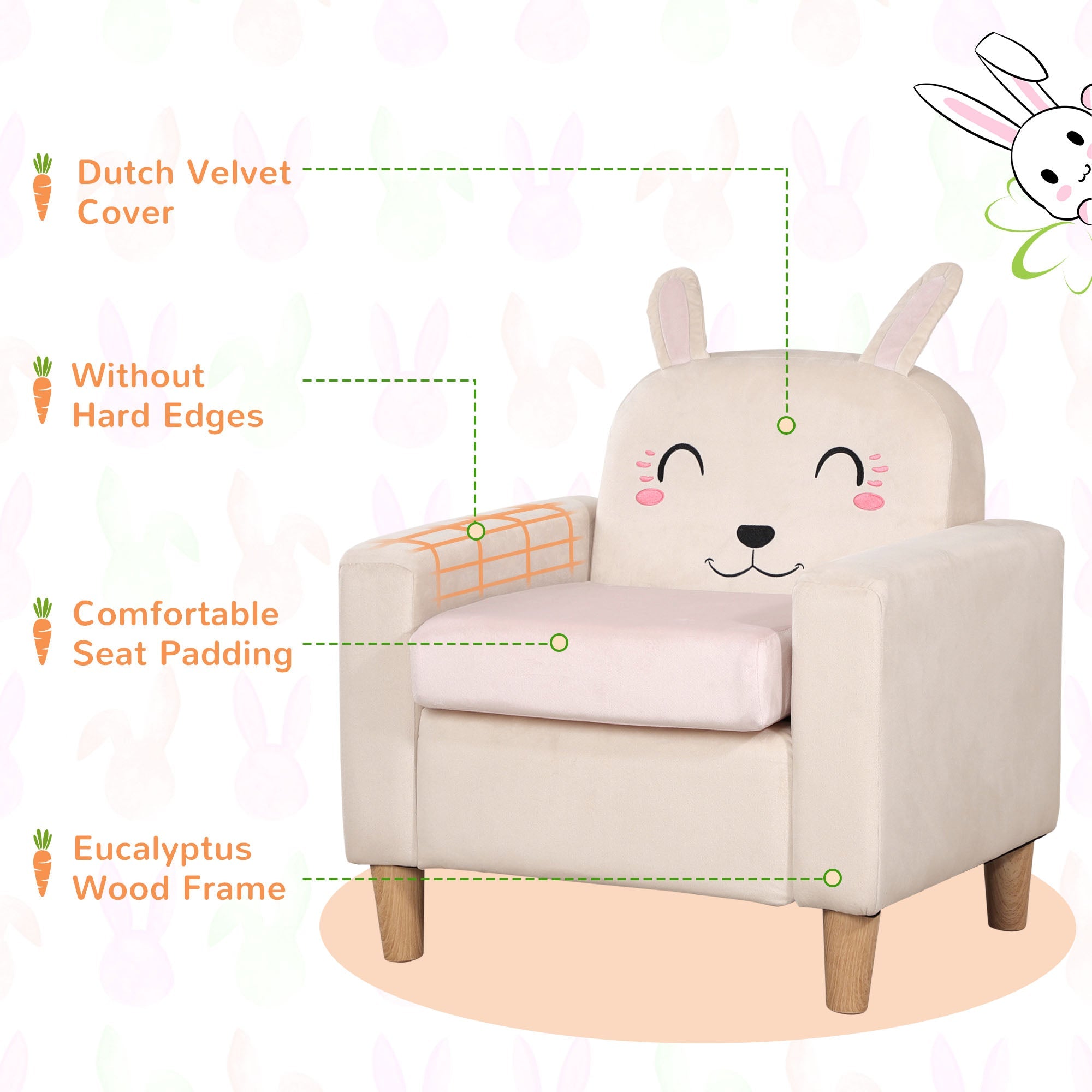 Qaba Kids Sofa: Charming Rabbit Ear Design, Sturdy Wooden Legs, Perfect for Preschool & Bedroom - Cream