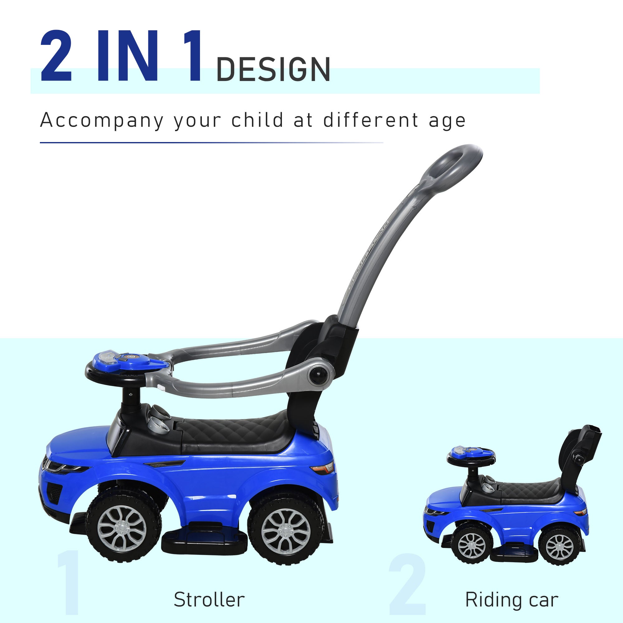 Aosom 3 In 1 Kid Ride on Push Car Stroller Sliding Walking Car with Horn Music Light for 1-3 Years Old Blue