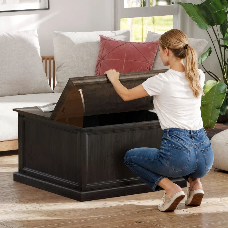 Lift Top Coffee Table with Charging Station, Square Farmhouse Center Table with Hidden Storage, Black Wood Grain