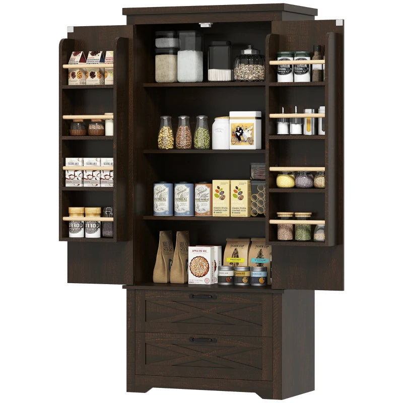 64" Farmhouse Kitchen Pantry Storage Cabinet, two 4-tier door shelves for spice bottles with 2 Drawers, Adjustable Shelf, Distressed Dark Brown