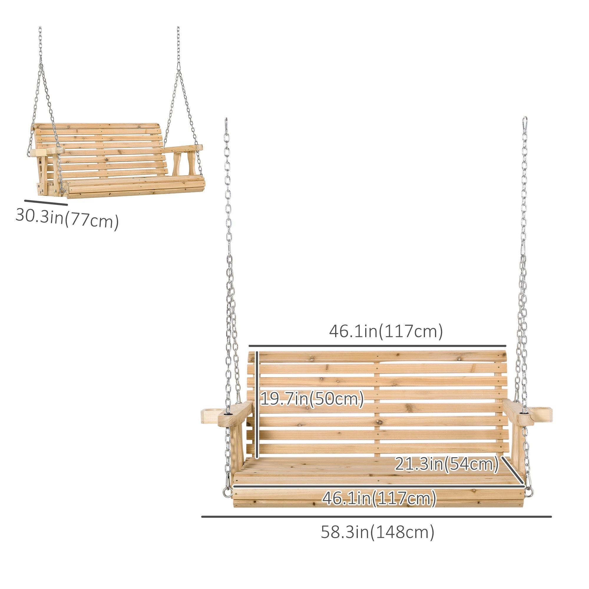 Outsunny 2 Seater Wooden Porch Swing Patio Swing Seat with Cup Holder and Chains Outdoor Swing Bench for Garden Yard, Natural