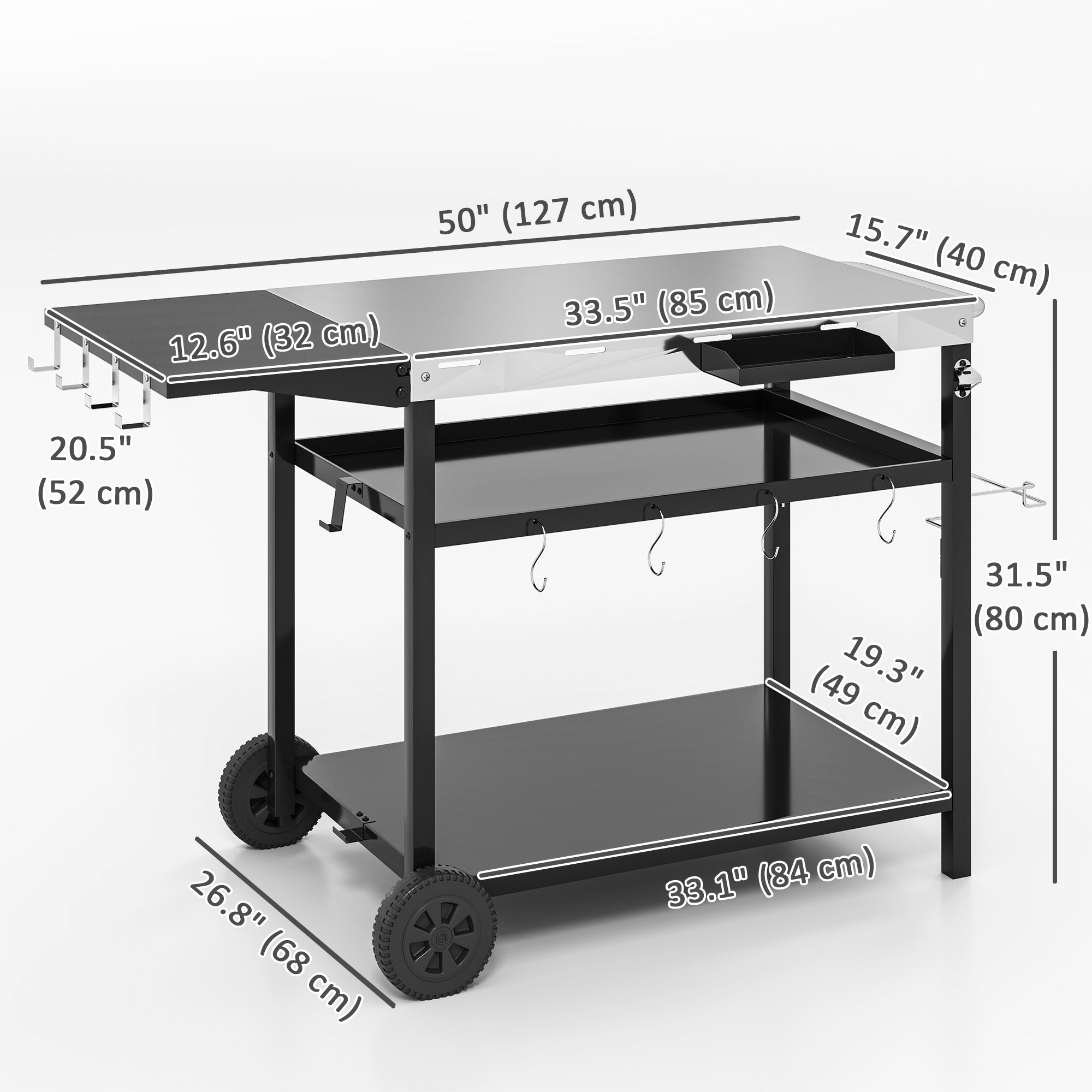 Outsunny Outdoor Bar Cart BBQ Table with Wheels, Stainless Steel Pizza Oven Stand, Outdoor Kitchen Cart with Storage and Hooks
