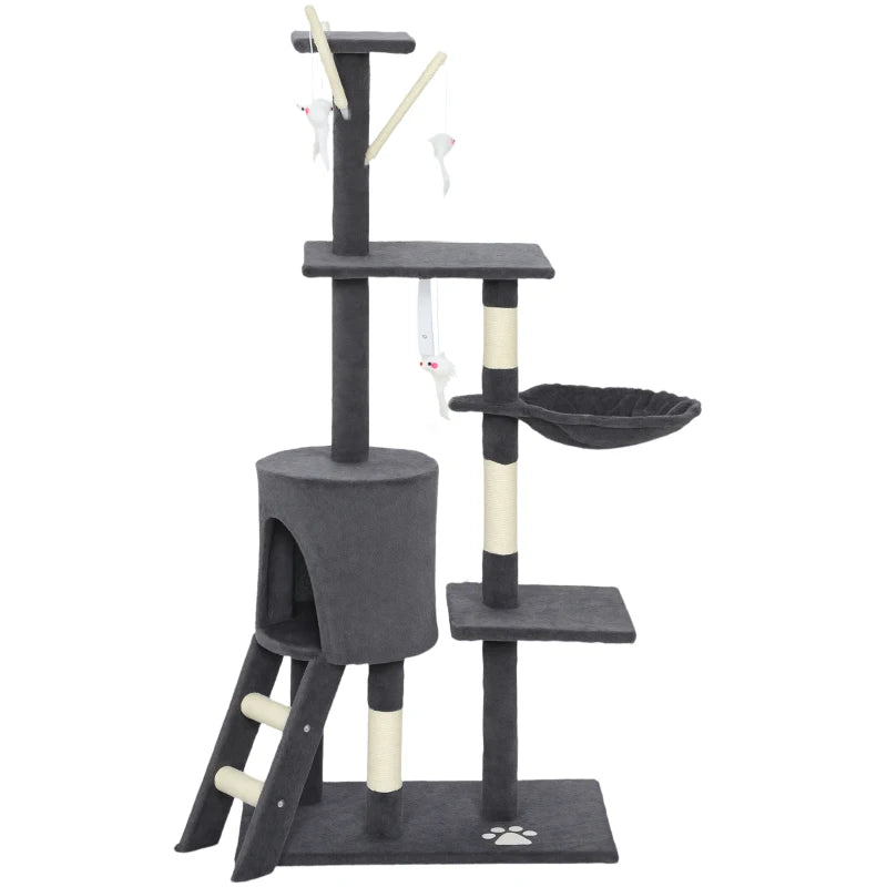 53" Cat Tree Tower, Kitten Activity Centre with Scratching Posts, Condo, Perches, Ladder, Hammock, Dangling Toys, Dark Grey