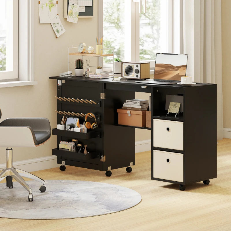 Rolling Sewing Machine Table with Power Outlet, Folding Craft Table with 2 Fabric Drawers, 2 Bins and 18 Pegs, Black