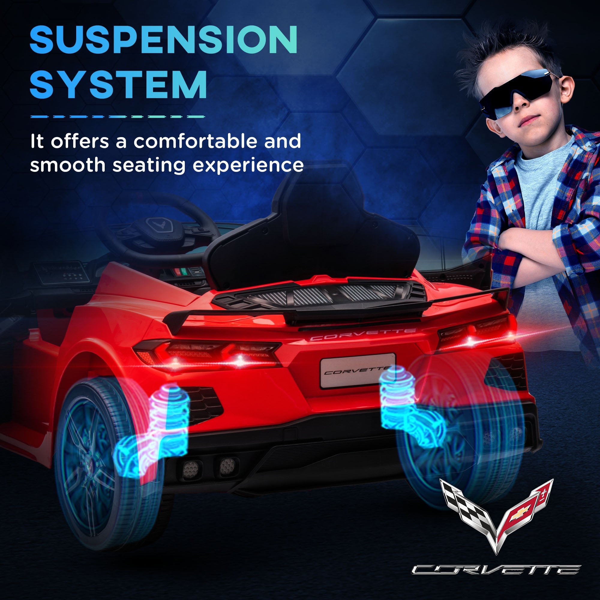 Qaba 12V Kids Electric Car Corvette Licensed Remote Control Suspension Music Headlight Slow Start Red Ride On Vehicle