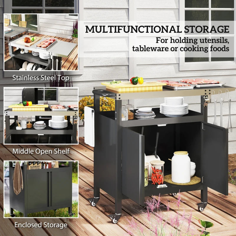 Outdoor Grill Cart Table with Foldable Side Table, BBQ Grill Stand with Stainless Steel Top & Hooks, 45.7"x19.7", Black