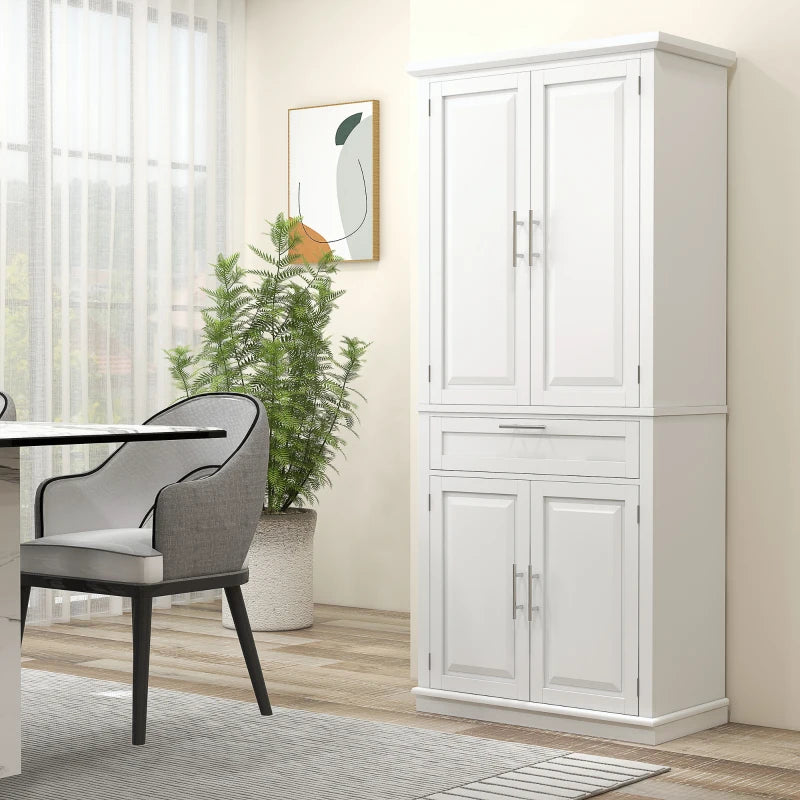72" Kitchen Pantry Cabinet, Freestanding Storage Cabinet, 4-Door Cabinet with Drawer and Adjustable Shelves, White