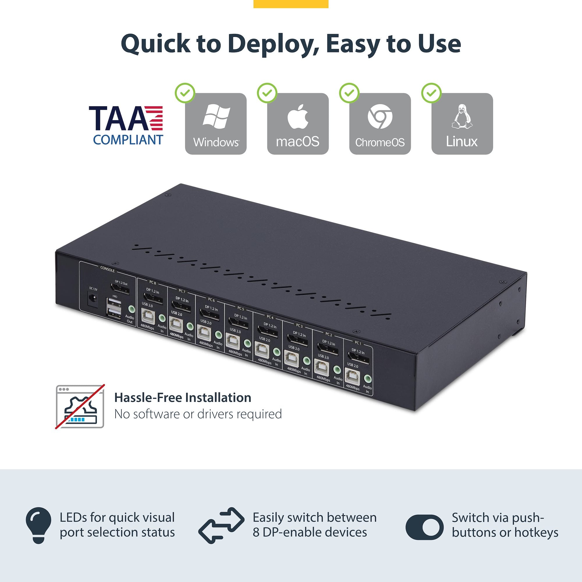 8-Port DisplayPort KVM Switch with 1U Rack Mount Kit, 4K 60Hz DP 1.2, Push-Button & Hotkey Switching, 4-Port USB Hub, OS Independent, TAA Compliant