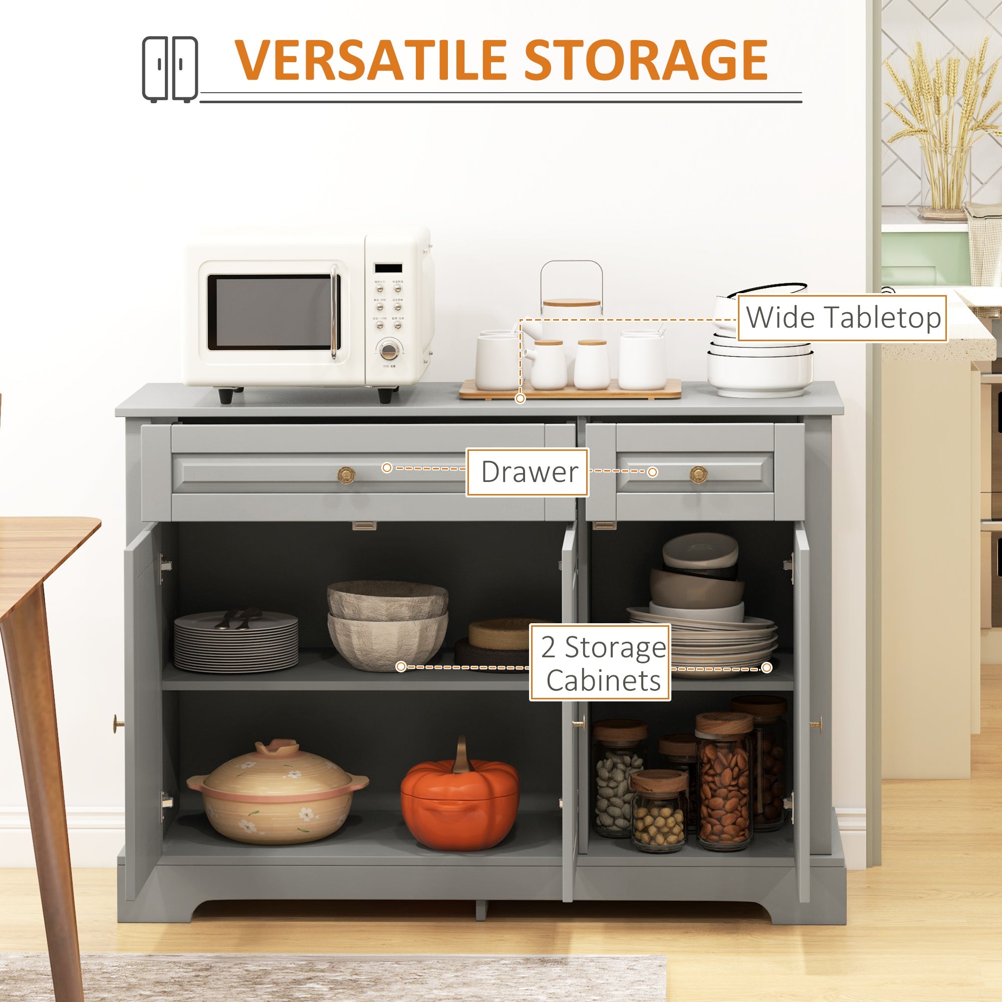 HOMCOM Modern Sideboard Cabinet, Buffet Cabinet with 2 Drawers and Adjustable Shelves, Buffets Tables for Dining Room, Grey