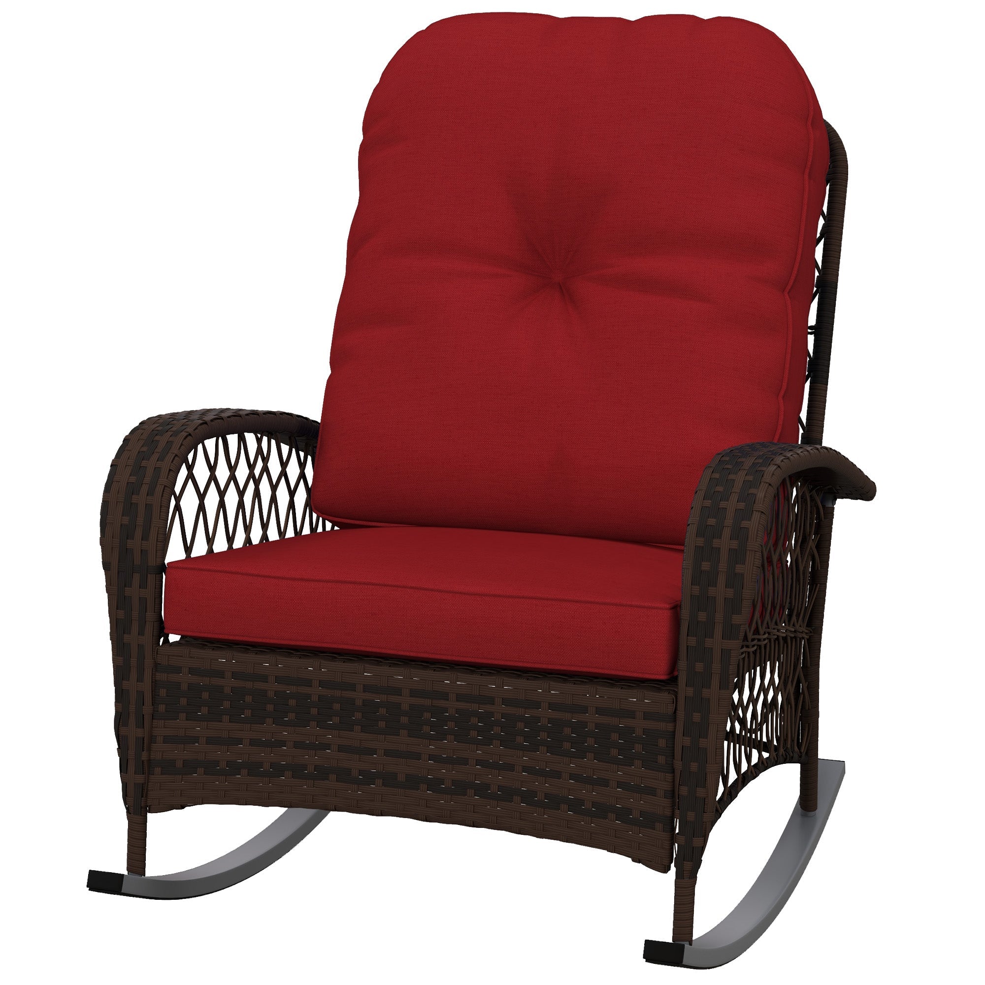 Outsunny Wicker Rattan Rocking Chair with Thick Cushions, Outdoor Patio Rocker for Garden Backyard Porch, Red