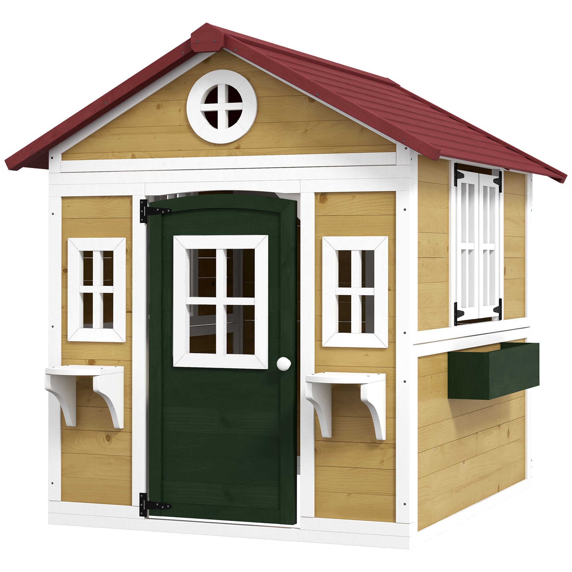 Outsunny Wooden Playhouse for Kids Outdoor with Door, Windows, Planter Pots and Boxes for Toddlers 3-8 Years, Beige