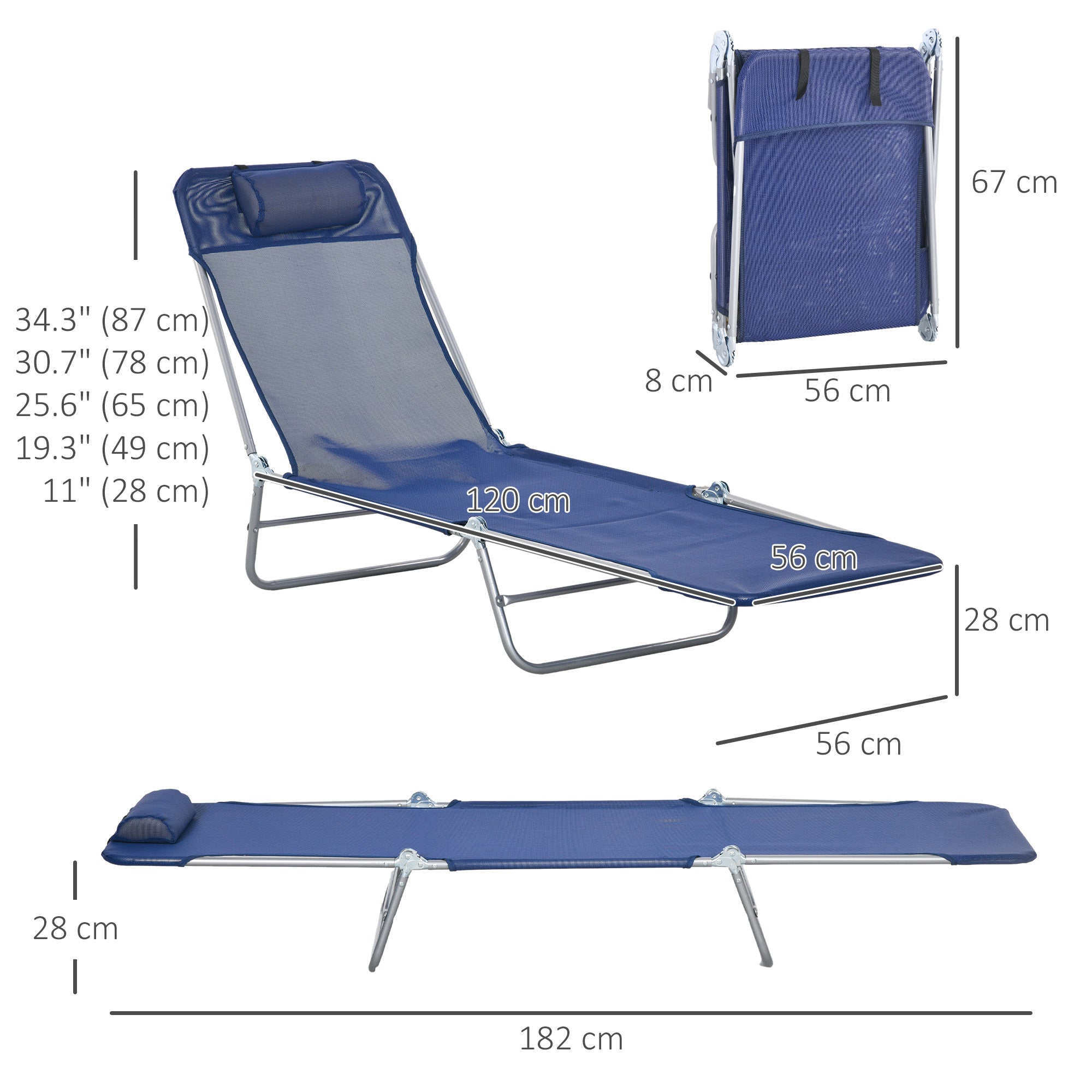 Outsunny Set of 2 Folding Chaise Lounge Chairs, Outdoor Poolside Sun Tanning Chairs w/ Pillow, Reclining Backrest, Dark Blue