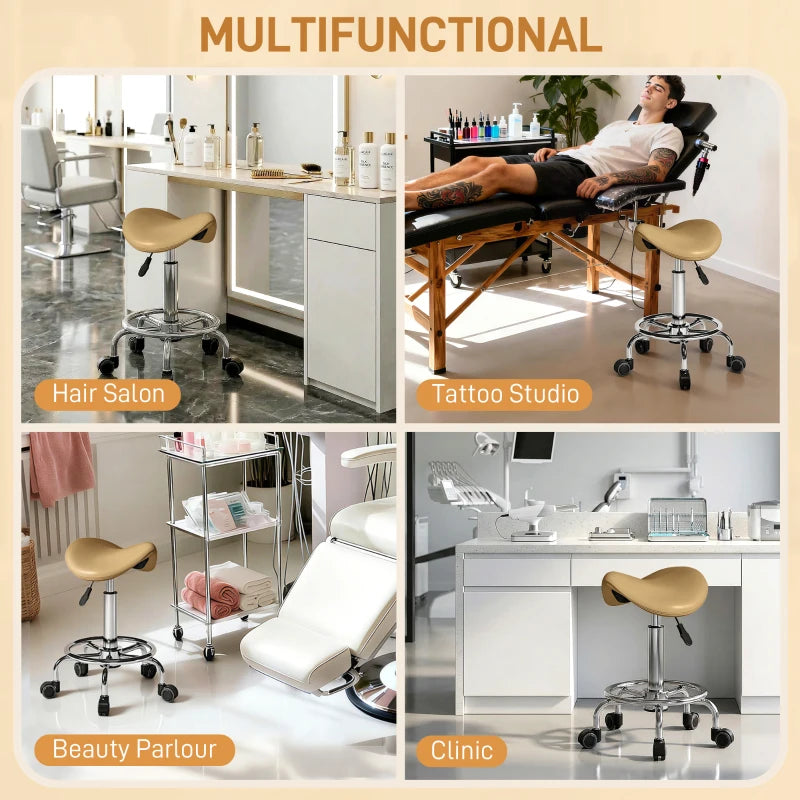 Saddle Stool, PU Leather Adjustable Rolling Salon Chair, Light Brown