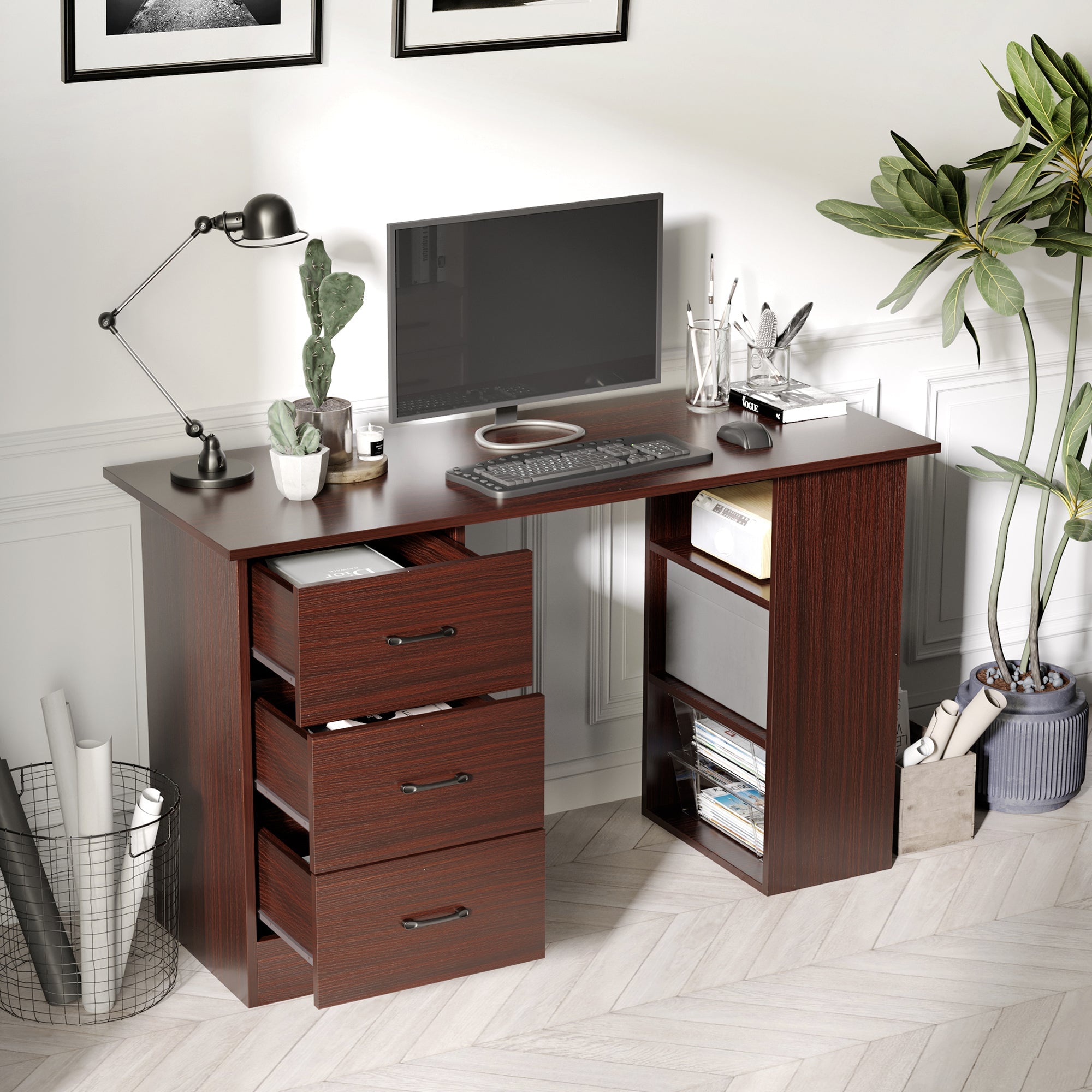 HOMCOM 47" Walnut Home Office Desk with 3-Tier Storage Shelves & Drawers - Elegant Study Writing Table