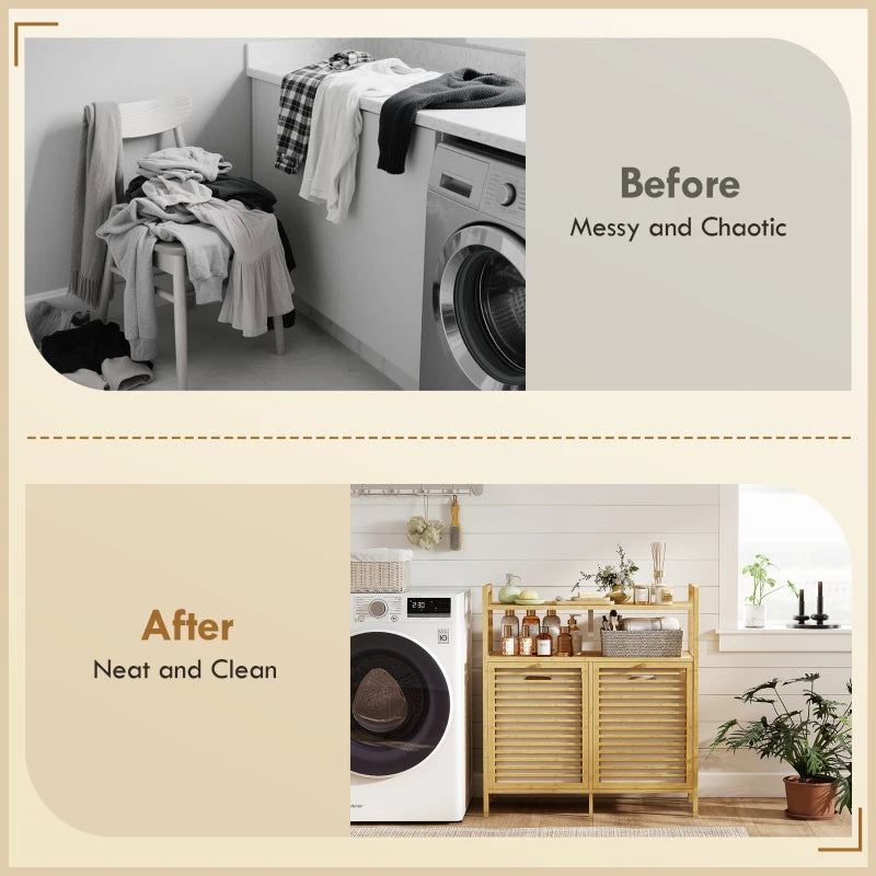 Tilt Out Laundry Hamper, Bamboo Laundry Cabinet with 2 Removable Baskets and 2-Tier Shelves for Laundry Room, Natural