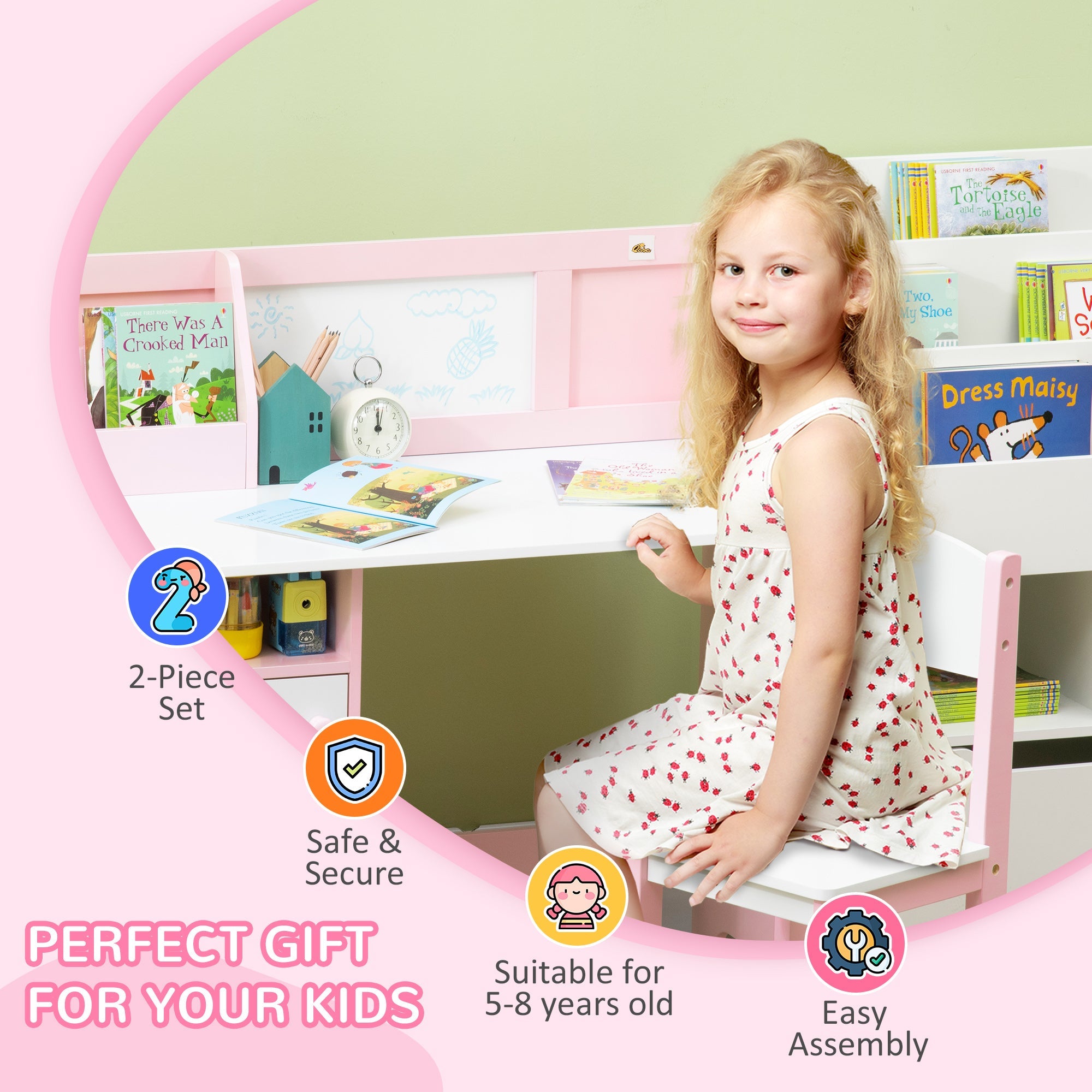Qaba Kids Table Chair Set with Whiteboard 2 Pieces Toddler Multi-usage Furniture Ideal for Arts