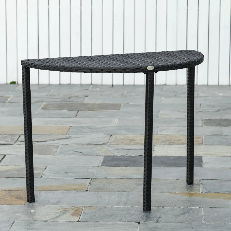 Half Round Side Table, PE Rattan Coffee Table with Metal Frame for Patio, Garden, Balcony, Black