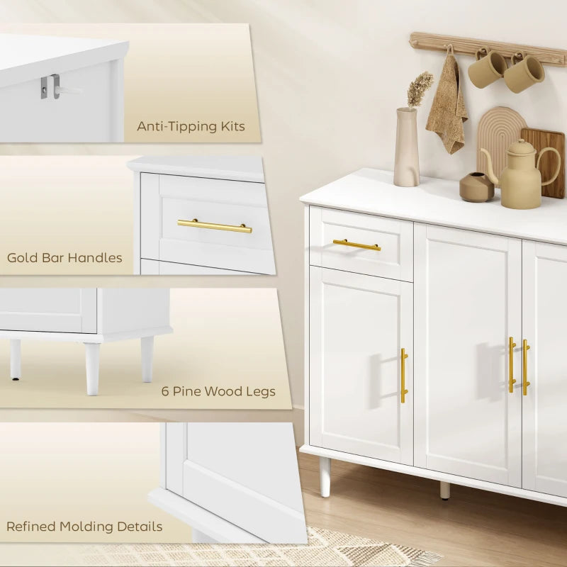55" Buffet Cabinet with Soft-Close Doors, Modern Sideboard with 2 Drawers, 3 Adjustable Shelves and 4 Doors, White