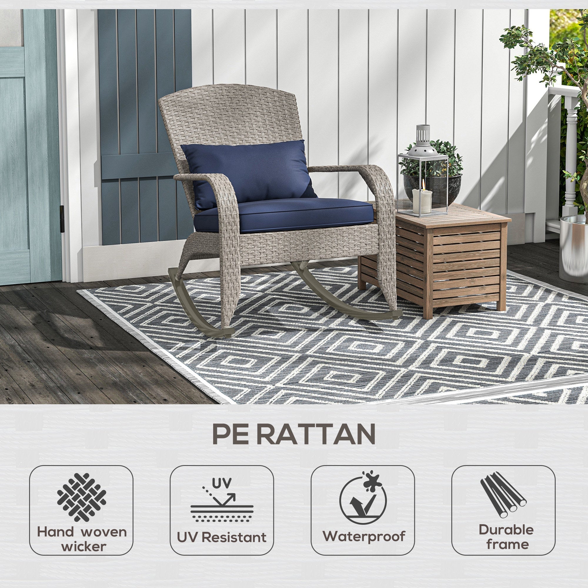 Outsunny Adirondack Chair, Outdoor Wicker Rocking Chair with High Back, Seat Cushion and Pillow for Porch, Balcony, Dark Blue