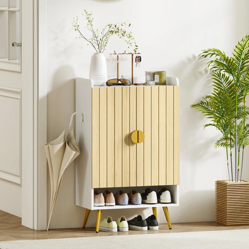 Entryway Shoe Storage Cabinet, Narrow Shoe Cabinet with Adjustable Shelves and Open Shelf for 15 Pairs of Shoes, Natural
