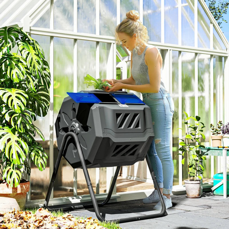 Tumbling Compost Bin Outdoor Dual Chamber 360° Rotating Composter 43 Gallon with Sliding Doors, Blue