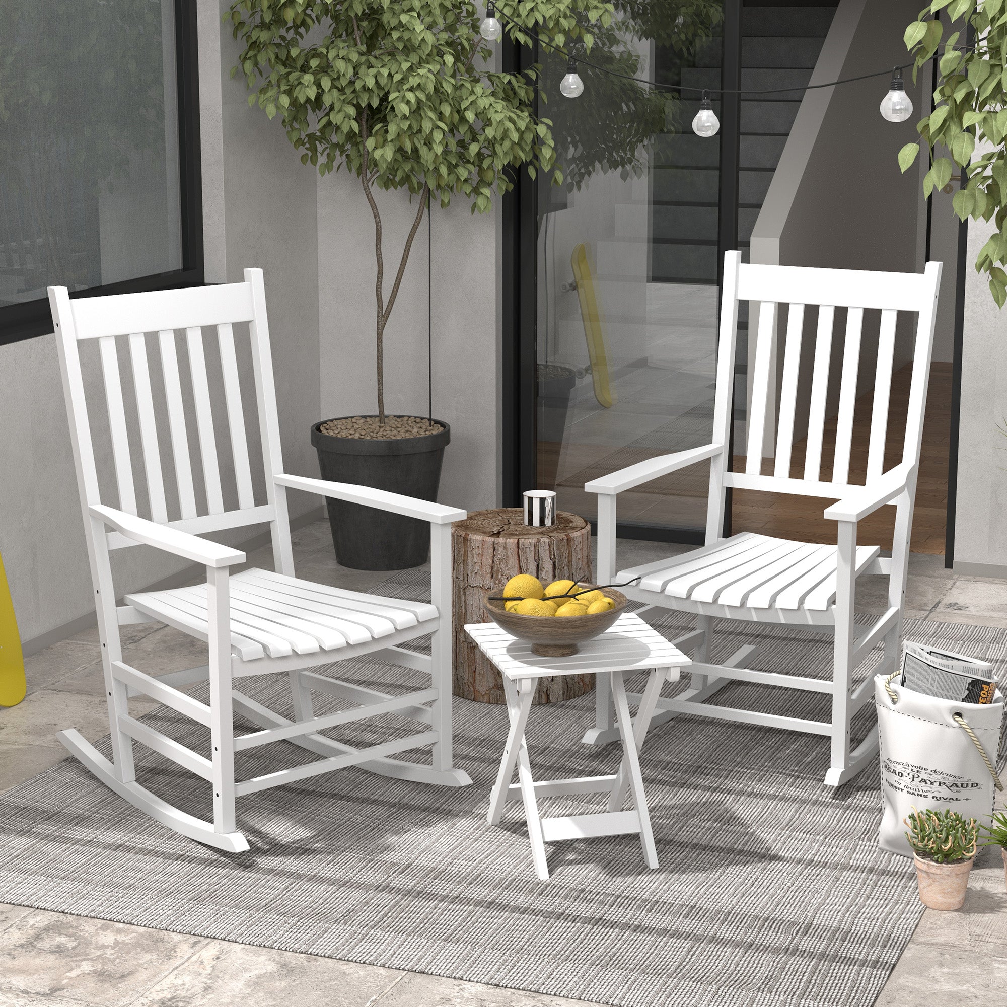 Outsunny 3 Pieces Outdoor Rocking Chair Set, Wooden Patio Rocking Chair Set with Folding Table, High Back and Armrests, White