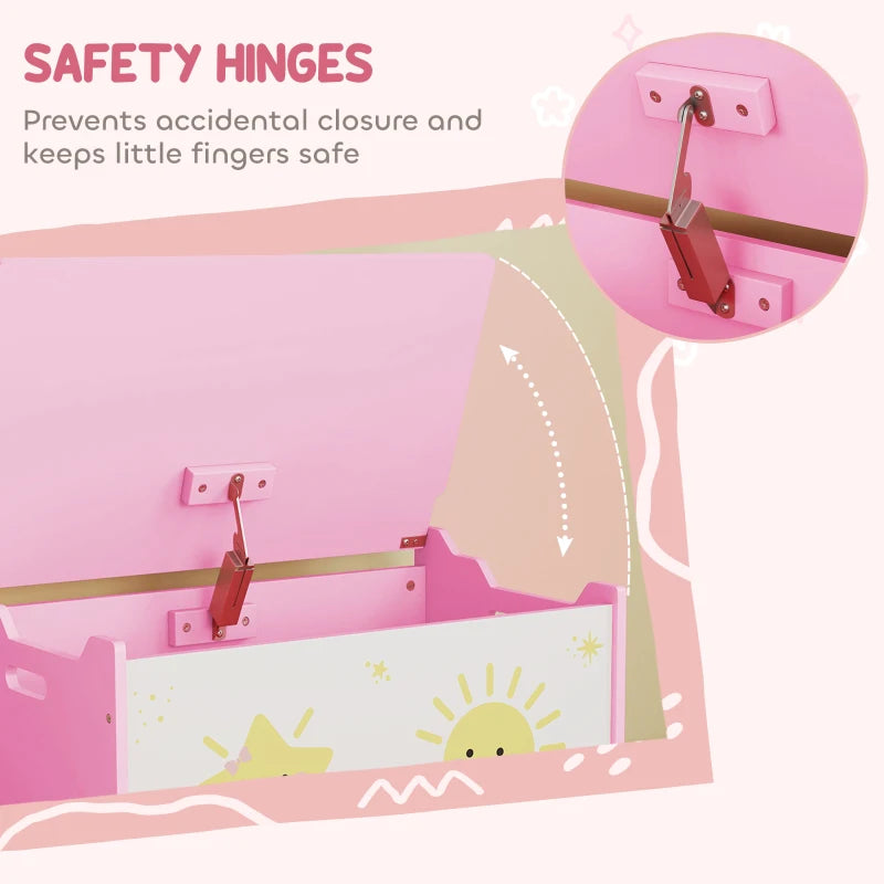 Qaba Toy Chest, Kids Storage Chest with Lid, Safety Hinges and Groove Handles for Boys, Girls, Pink