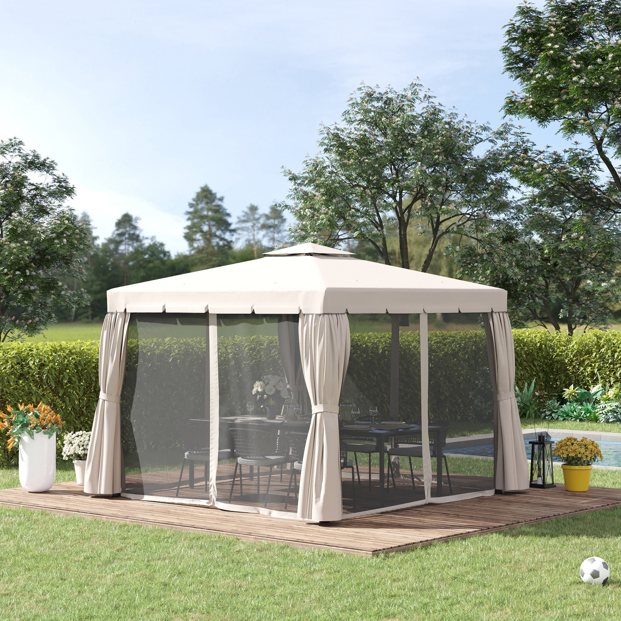 Outsunny 10' x 10' Outdoor Patio Gazebo Double Soft-top Garden Shelter Tent with Polyester Curtains, & Mesh Screen Drapes, Cream