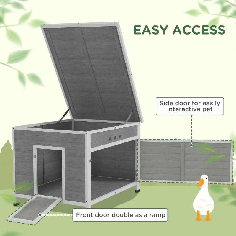 Duck Coop, Wooden Chicken House Rabbit Hutch with Openable Roof, Removable Floor, Double Doors, Ramp, Grey