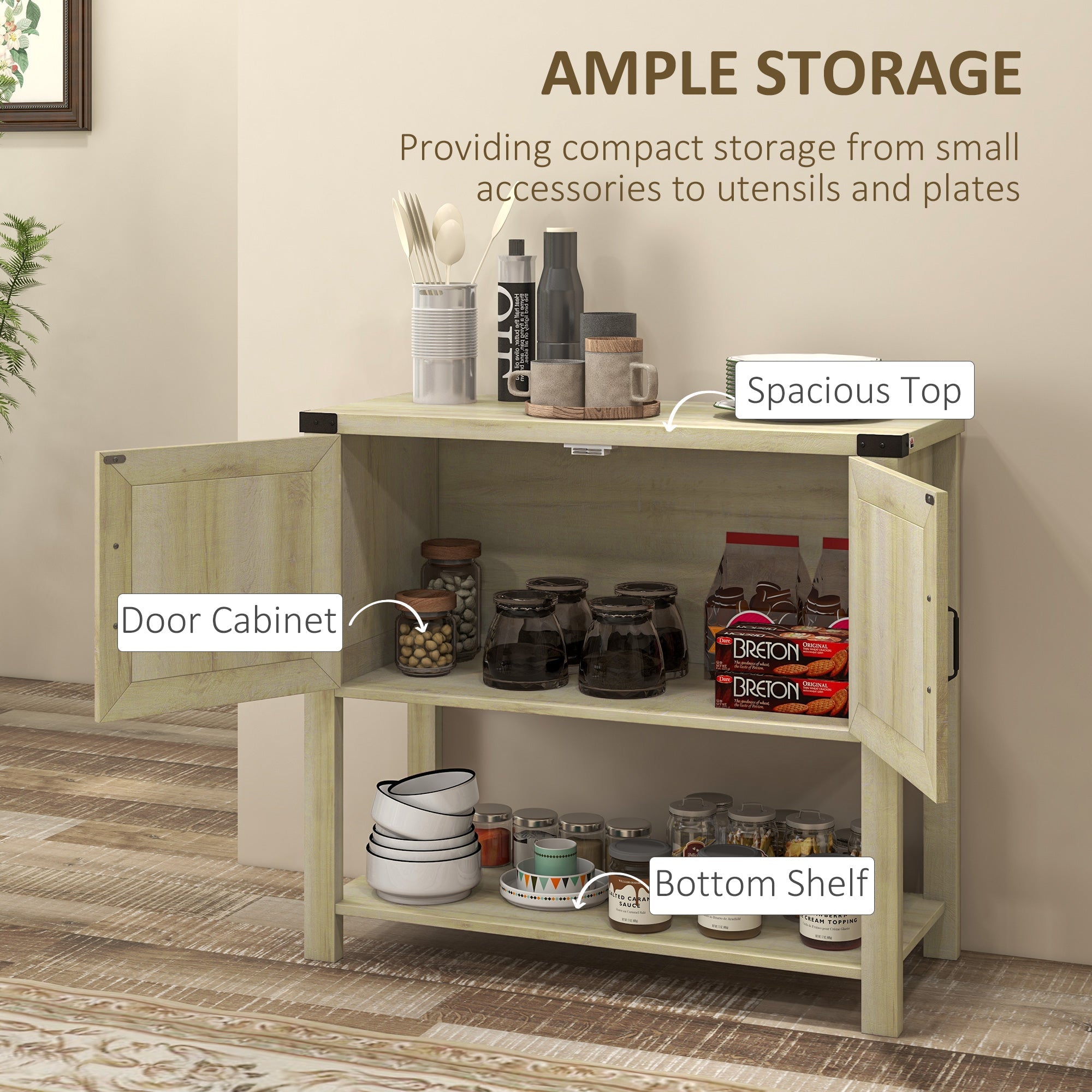 HOMCOM Farmhouse Flair: Oak Sideboard with Barn Doors, Bottom Shelf for Kitchen or Dining Countryside Vibes | Rustic Storage
