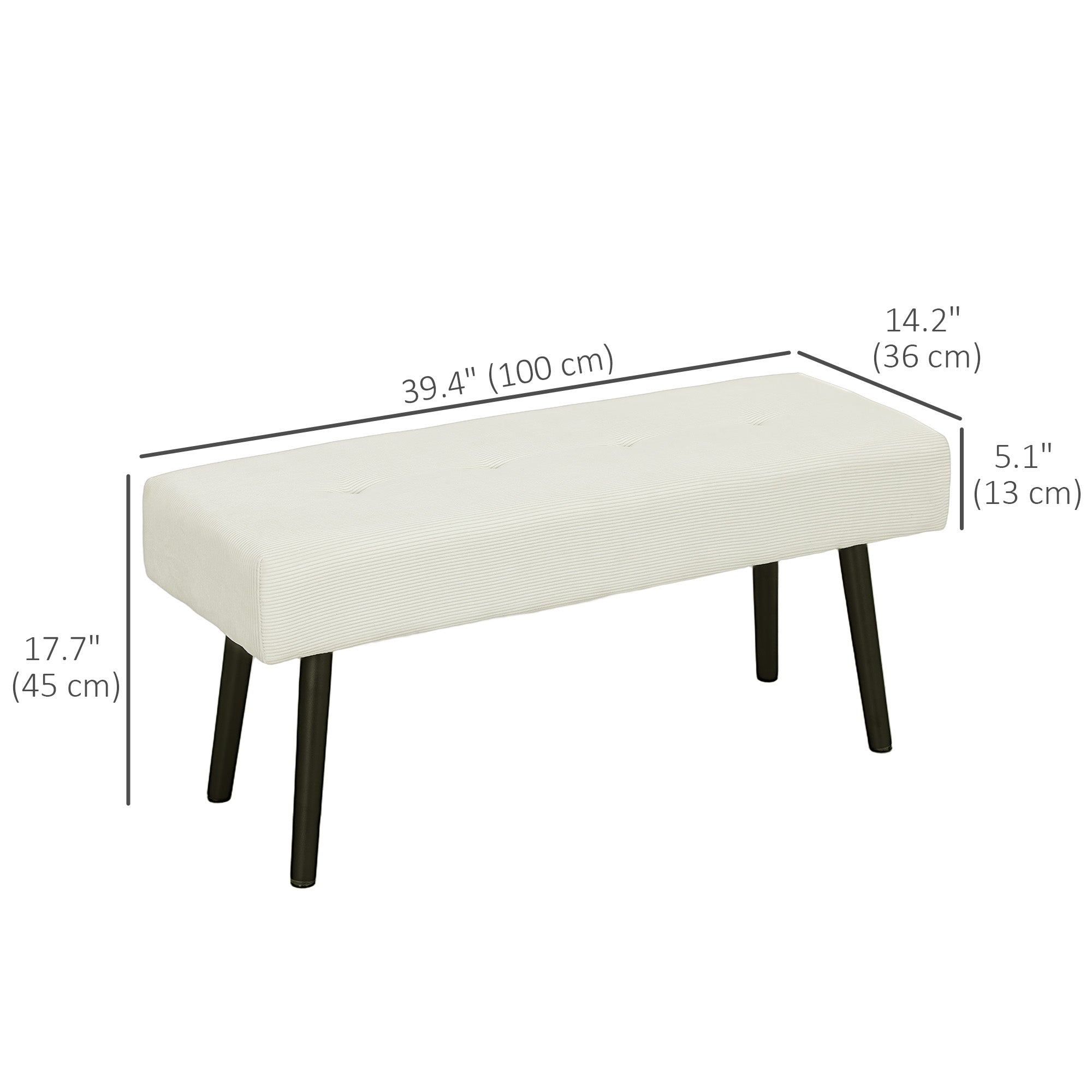 HOMCOM 39" Upholstered Ottoman Bench, Corduroy Entryway Bedroom Bench with Padded Seat and Steel Legs for Bedroom, Cream White