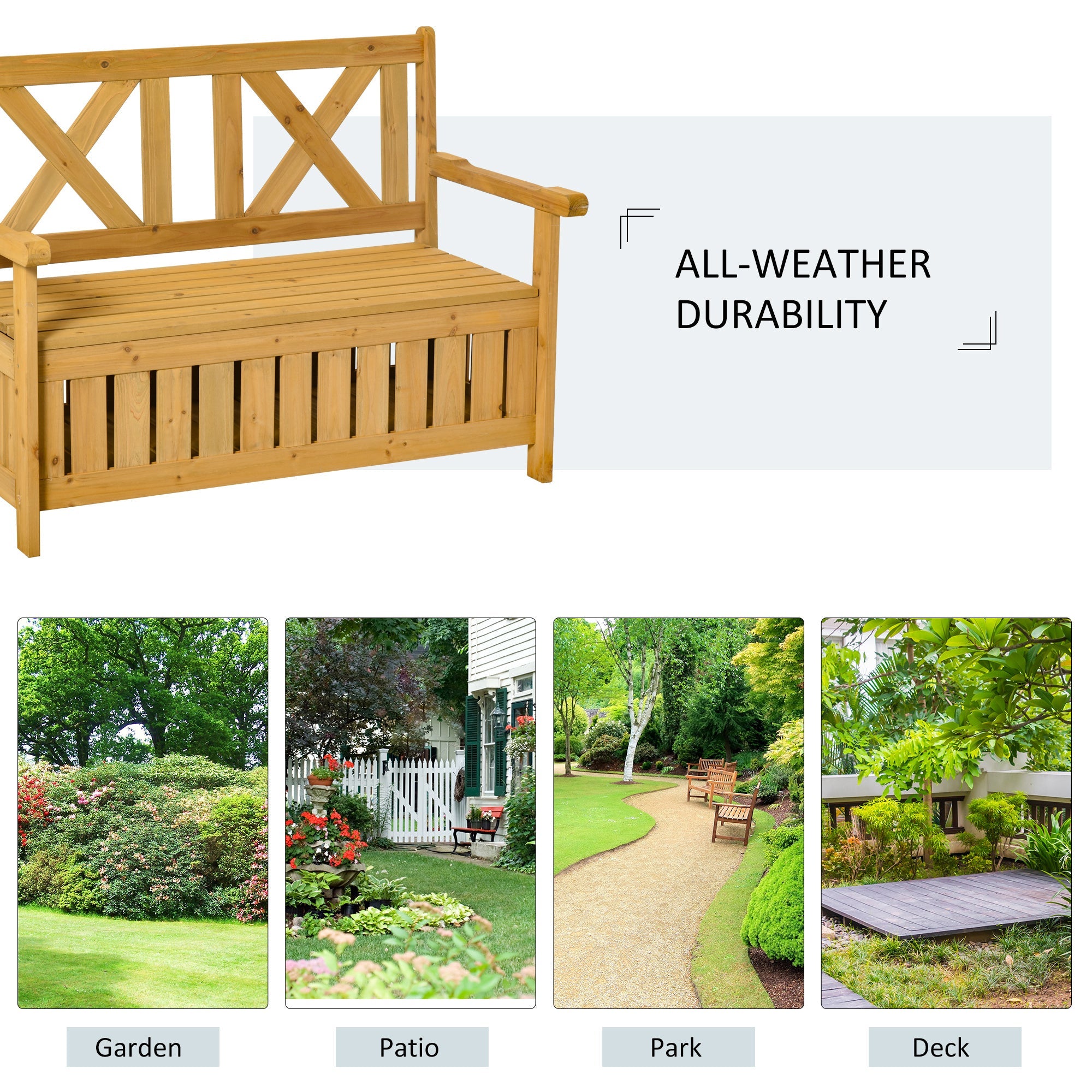 Outsunny Wooden Outdoor Storage Bench 2-Person Patio Bench with Louvered Side Panels and X-Shape Back for Garden, Patio, Natural