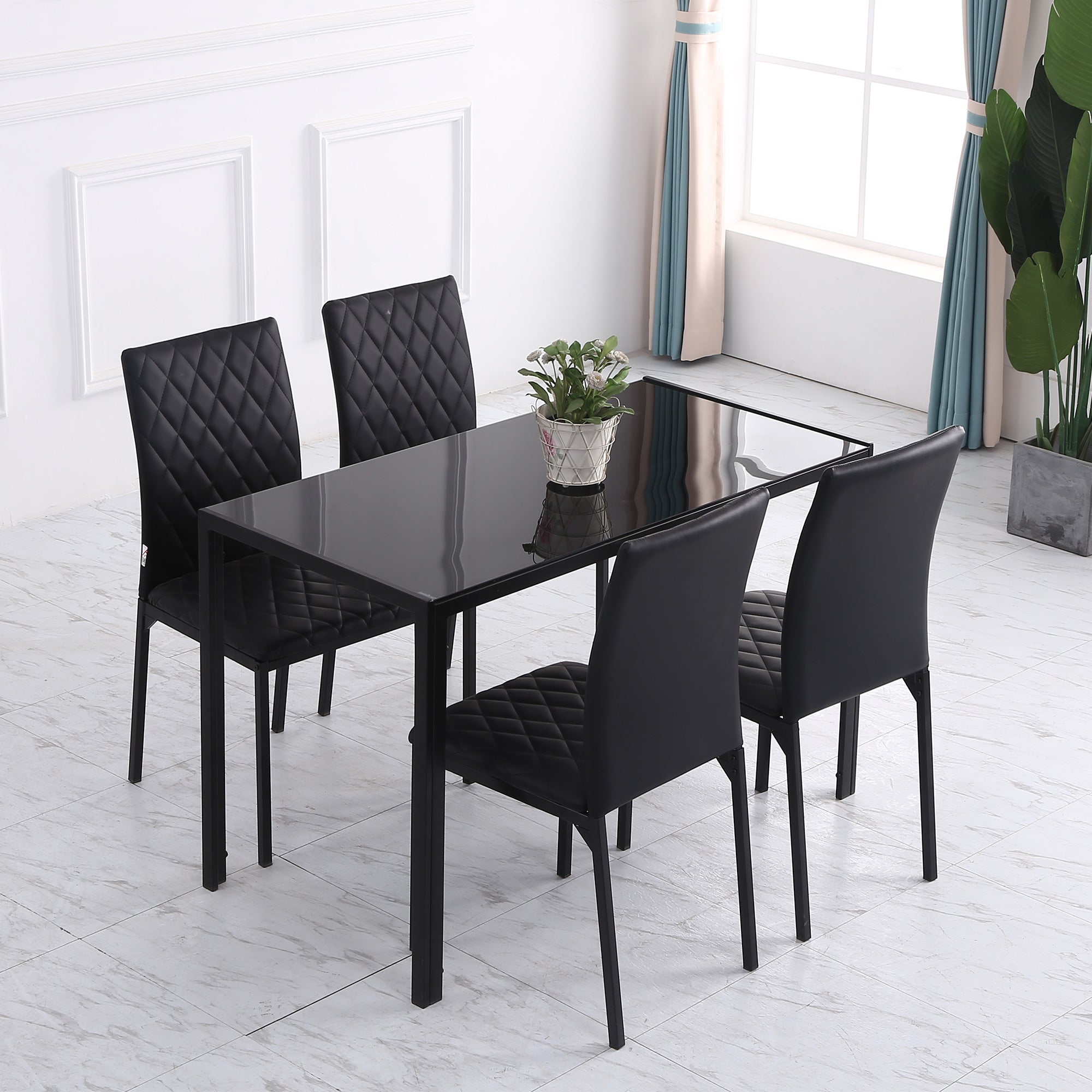 HOMCOM Set of 4 Black Modern Dining Chairs Upholstered Faux Leather with Metal Legs for Kitchen