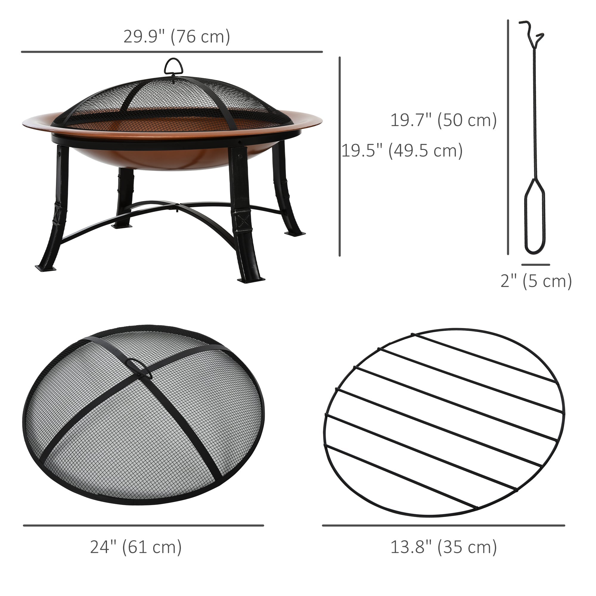 Outsunny 30" Outdoor Fire Pit Bowl, Round Fire Pit with Lid, Log Grate, Poker for Backyard, Camping, Picnic, Bronze