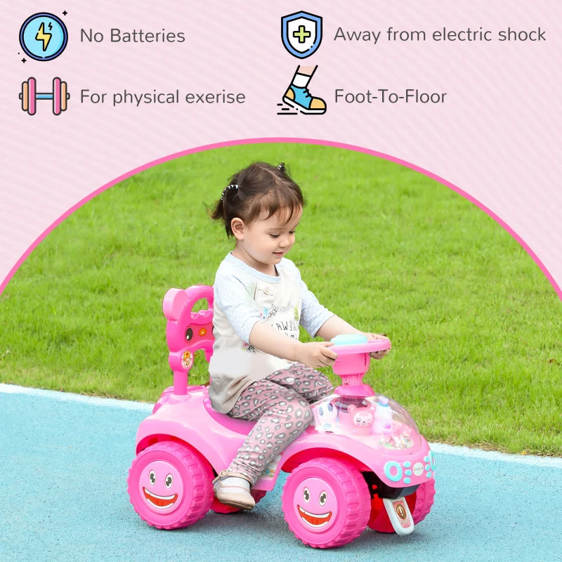 Qaba Toddlers Push Car with Horn, Light, Music, Anti-Over-Backwards Device, Steering Wheel, Under Seat Storage, Pink