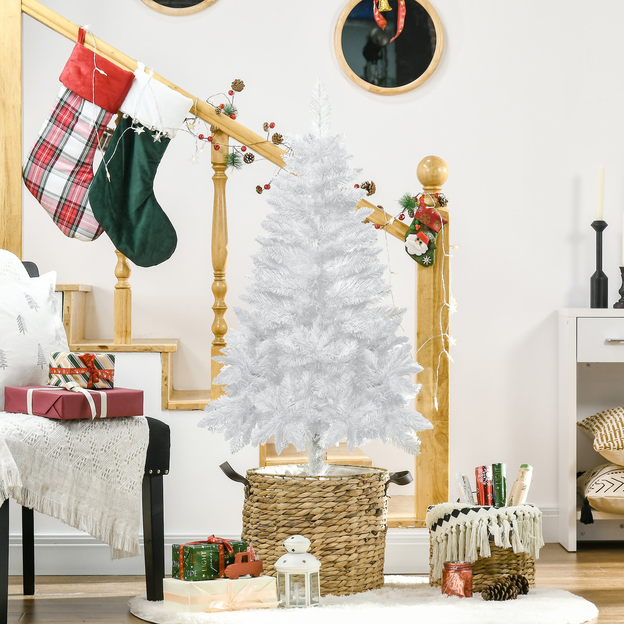 HOMCOM 4ft Artificial Christmas Tree with Pine Realistic Branches, Auto Open, for Indoor Decoration, White