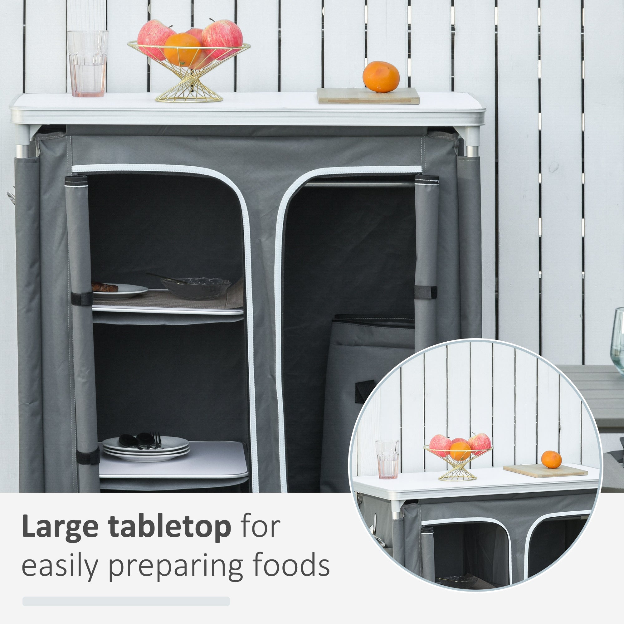 Outsunny Portable Camping Kitchen Table Aluminum BBQ Station with Storage Organizer 3-Shelf Cupboard for Outdoor Party Picnic Grey