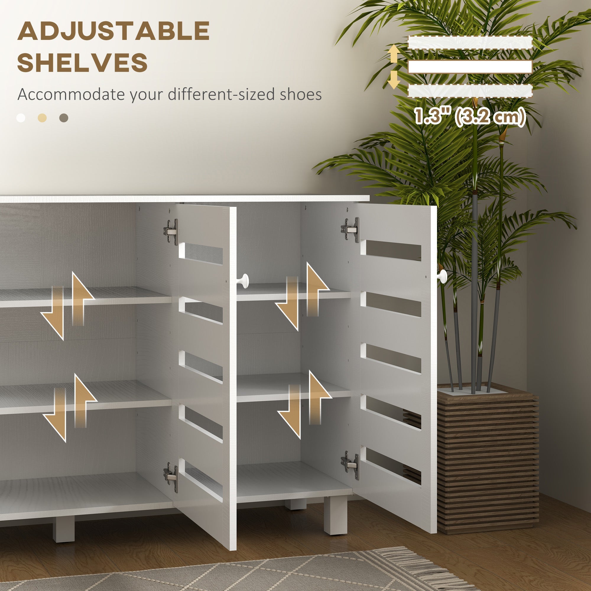 HOMCOM Shoe Cabinet with 3 Slatted Doors, 3-tier Shelving Rack Cabinet with Adjustable Shelves for 15 Pairs of Shoes, White